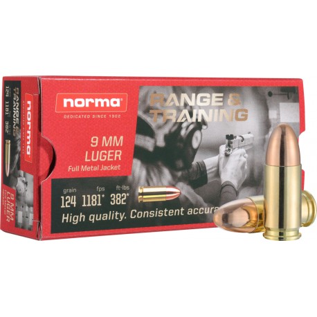 NORMA 9MM LUGER 7.5G/124GR RANGE&TRAINING FMJ BOITE DE 50 MUNITIONS